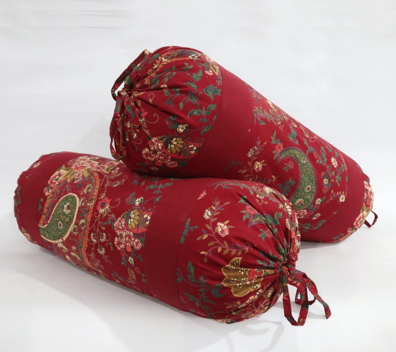 Swayam Set of 2 Pure Cotton Bolster Cover | 30x30 Inch | Soft Breathable Masnad Cover 200TC | Durable & Washable | Ethnic Motif Print Bolster Cover for Diwan, Bed & Sofa - Red - Image 1