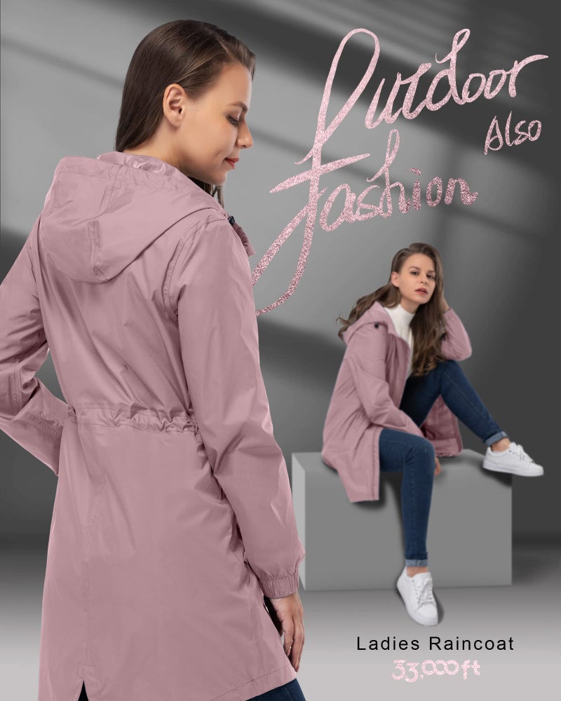 33,000ft Women's Waterproof Long Rain Coats Packable Rain Jacket with Hood Trench Coats Windbreaker - Image 2
