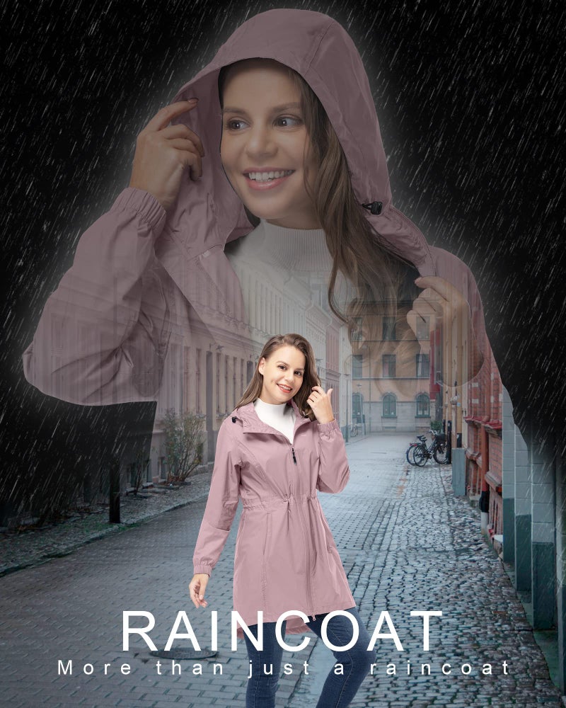33,000ft Women's Waterproof Long Rain Coats Packable Rain Jacket with Hood Trench Coats Windbreaker - Image 3