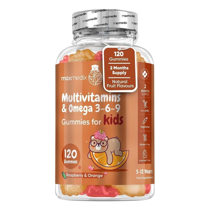 maxmedix فيتامينات متعددة للأطفال - 120 جيمي - إمداد لمدة شهرين - مع أوميغا 3-6-9 - فيتامينات أطفال خالية من الجلوتين - 17 مكون مثل فيتامين د، أ، ج، ب12، ب6، هـ وزنك - نكهات توت طبيعي وبرتقال - Image 1