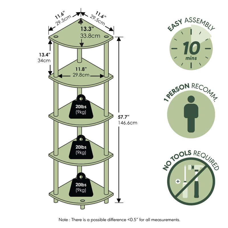 Furinno Turn-N-Tube Corner Shelf, 5-Tier Corner Bookshelf, Open Storage Shelves, for Organization and Storage, Living Room, Home Office, Garage, Bedroom, White - Image 3
