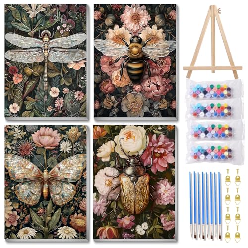 Mandun 4 Pack Paint by Numbers Kit for Adults with Wooden Frames, Dragonfly Butterfly Bee Bettle Paint by Number for Adults Beginners, Paint by Numbers on Canvas Acrylic for Home Wall Art Decor 9.8x13.7 Inch - Image 1