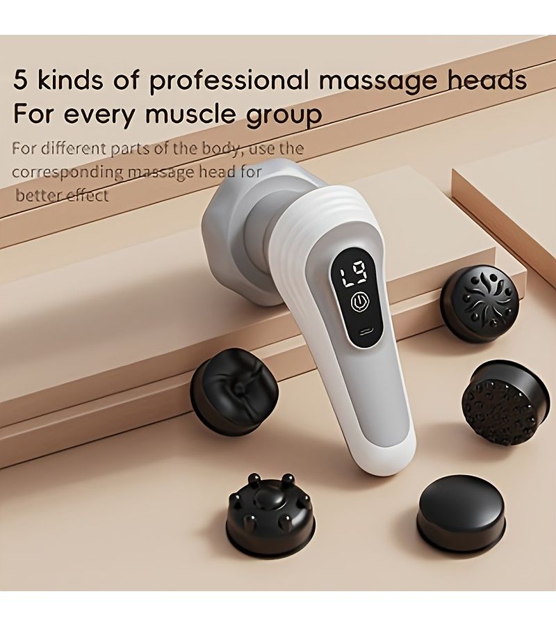 Black Rechargeable Handheld Electric Massager With 5 Massage Heads USB Charging Cable Multi Speed Settings For Neck Shoulder Waist Back Legs Deep Relaxation - Image 1