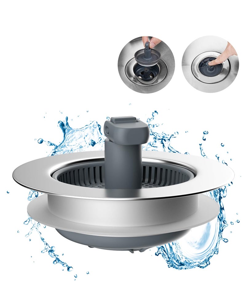 Hibbent 3 in 1 Kitchen Sink Drain Strainer and Stopper Combo, Chrome Stainless Steel Wraped Shell, Anti-Clogging Basket Strainer with Foldable Handle for US Standard 3-1/2" Drain - Image 1