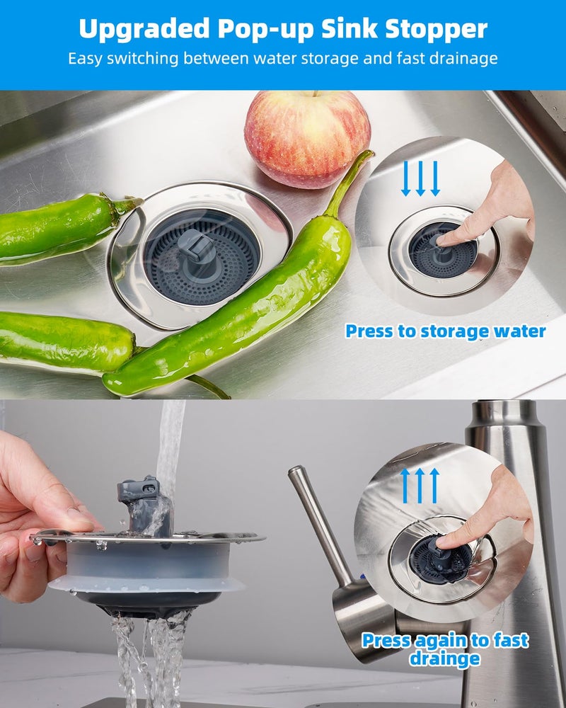 Hibbent 3 in 1 Kitchen Sink Drain Strainer and Stopper Combo, Chrome Stainless Steel Wraped Shell, Anti-Clogging Basket Strainer with Foldable Handle for US Standard 3-1/2" Drain - Image 3