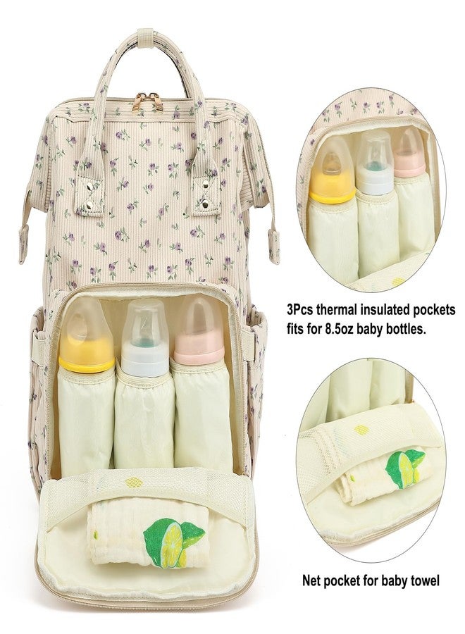 Yusudan Corduroy Diaper Bag Backpack for Baby Girls Boys, Women Large Nappy Bags for Mom (Beige Corduroy Floral Purple) - Image 3