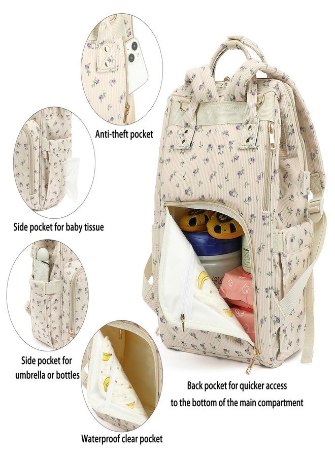 Yusudan Corduroy Diaper Bag Backpack for Baby Girls Boys, Women Large Nappy Bags for Mom (Beige Corduroy Floral Purple) - Image 4