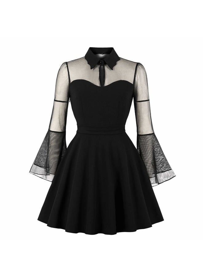 Wellwits Women's Keyhole Mesh Bell Long Sleeve Knee Swing Cocktail Dress S - Image 1