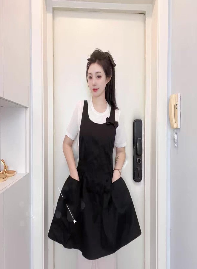 Love Potato Cute Bowknot Kitchen Cooking Gardening Cleaning Apron Fashion Restaurant Waitress Aprons with Pockets (Black) - Image 2