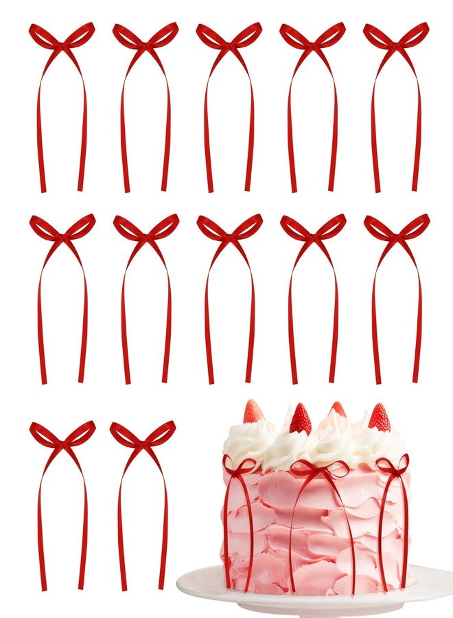 Penta Angel Bow Cake Toppers 20Pcs Vintage Satin Bowknot Ribbons Cupcake Toppers Coquette Themed Birthday Wedding Bridal Shower Party Decoration (Red) - Image 1