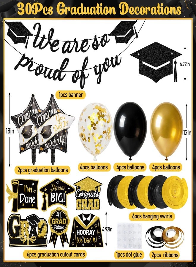 Pirekul Graduation Decorations 2026 - Pre-Strung Graduation Banner & Black Gold Graduation Balloons, Class of 2026 Party Supplies Kit with "We Are So Proud of You" Sign & Hanging Swirls for High School & College Celebrations - Image 2