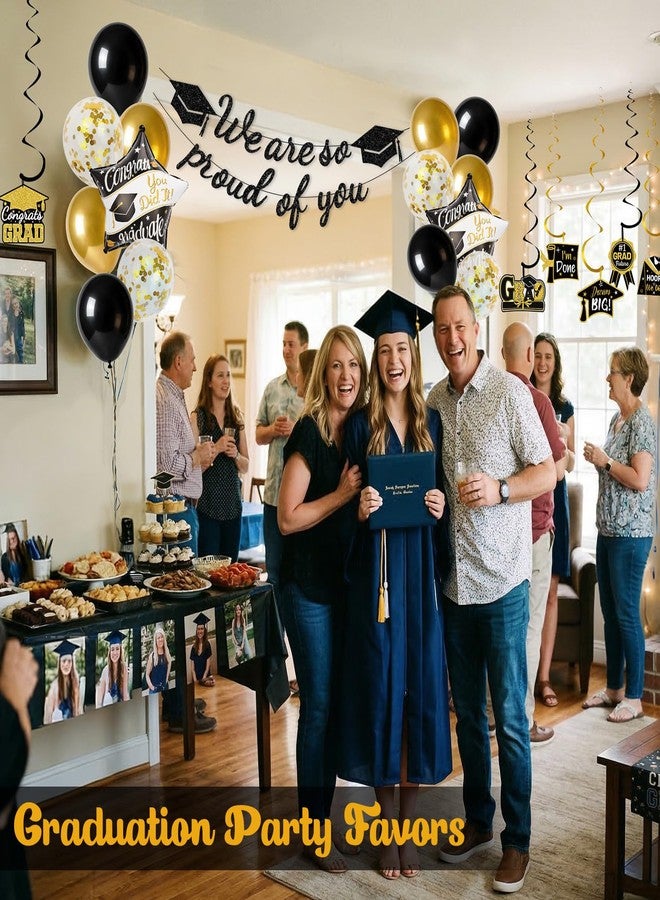 Pirekul Graduation Decorations 2026 - Pre-Strung Graduation Banner & Black Gold Graduation Balloons, Class of 2026 Party Supplies Kit with "We Are So Proud of You" Sign & Hanging Swirls for High School & College Celebrations - Image 5