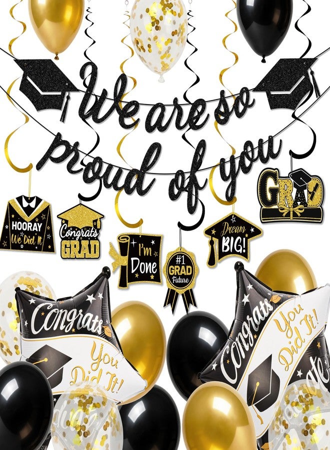 Pirekul Graduation Decorations 2026 - Pre-Strung Graduation Banner & Black Gold Graduation Balloons, Class of 2026 Party Supplies Kit with "We Are So Proud of You" Sign & Hanging Swirls for High School & College Celebrations - Image 1
