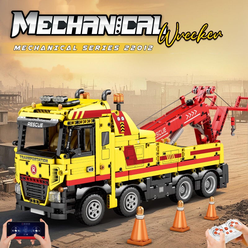 Reobrix Tow Truck Building Blocks 22012, Adult Construction Vehicle Model Kit, Mechanical Rescue Vehicle RC Crane Toys with Multi-Function Switches, Gifts for Adult, 1794 Pieces - Image 2