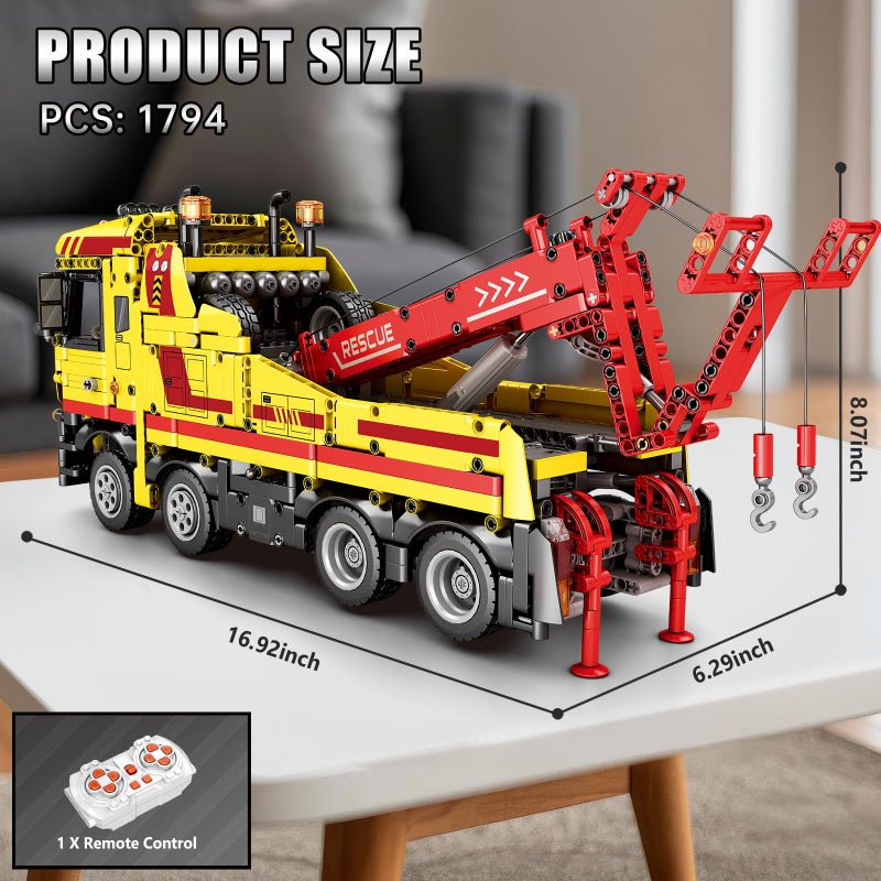 Reobrix Tow Truck Building Blocks 22012, Adult Construction Vehicle Model Kit, Mechanical Rescue Vehicle RC Crane Toys with Multi-Function Switches, Gifts for Adult, 1794 Pieces - Image 5