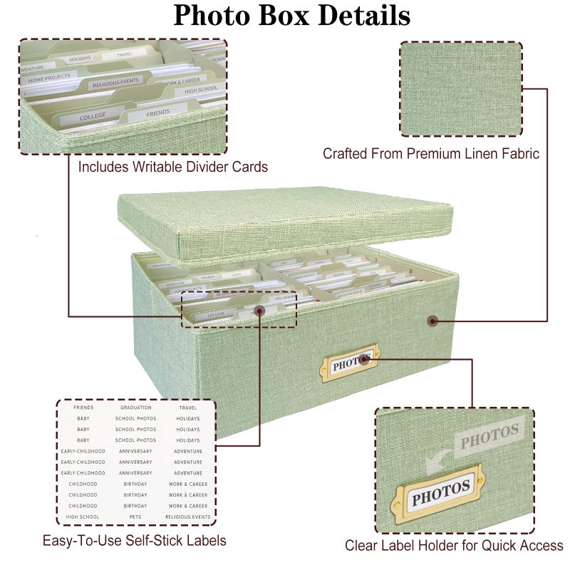 Sprsthai Linen Photo Storage Box â€“ Holds 1700 Photos, 24 Adjustable Dividers & 72 Labels Multi-Use Organizer for Photos, Envelopes, Recipes Beige - Image 4