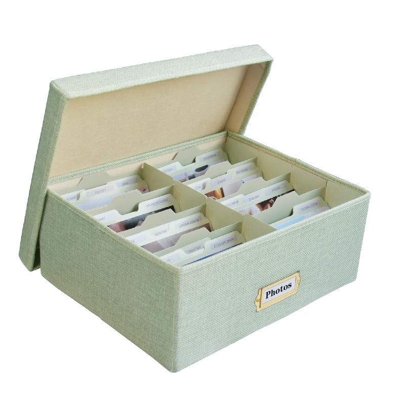 Sprsthai Linen Photo Storage Box â€“ Holds 1700 Photos, 24 Adjustable Dividers & 72 Labels Multi-Use Organizer for Photos, Envelopes, Recipes Beige - Image 1