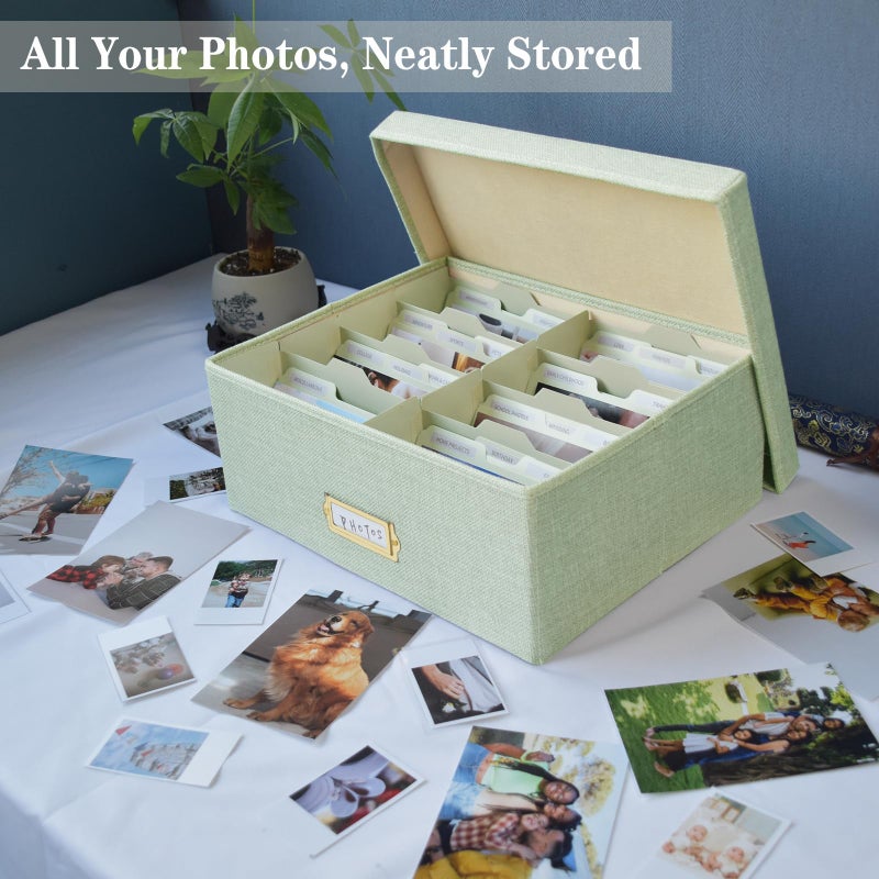 Sprsthai Linen Photo Storage Box â€“ Holds 1700 Photos, 24 Adjustable Dividers & 72 Labels Multi-Use Organizer for Photos, Envelopes, Recipes Beige - Image 2