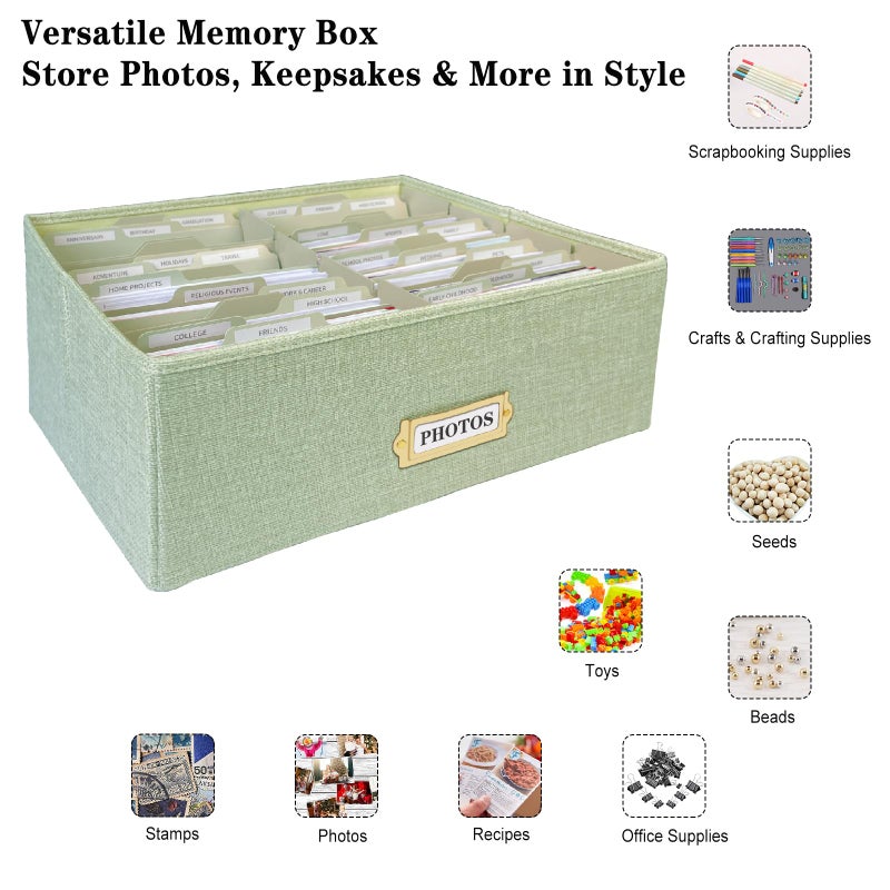 Sprsthai Linen Photo Storage Box â€“ Holds 1700 Photos, 24 Adjustable Dividers & 72 Labels Multi-Use Organizer for Photos, Envelopes, Recipes Beige - Image 3