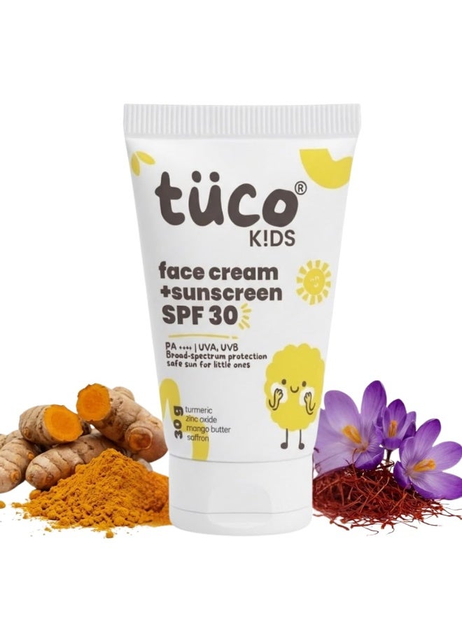 TuCo كريم Tuco® Kids للوجه وواقي شمس (2 في 1) بمعامل حماية SPF 30 وزيت الزعفران للأطفال | للأعمار 2-5، 5-10، 10-15 سنة | حماية من أشعة UVA/UVB (تصنيف PA++++) | حماية واسعة النطاق | خالٍ من البنزوفينون-3 والأفوبنزون ​​| 30 جم - Image 1