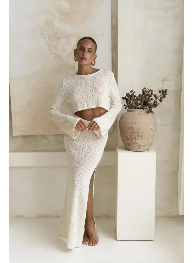 Bohemai Wayhu Boat Neck Beige Knit Crop Skirt Set