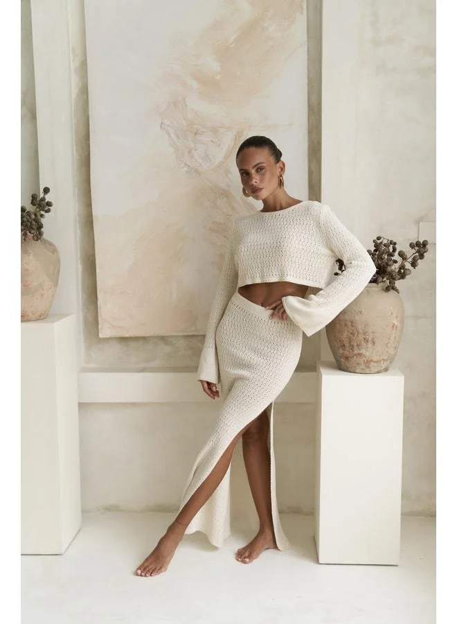 Bohemai Wayhu Boat Neck Beige Knit Crop Skirt Set