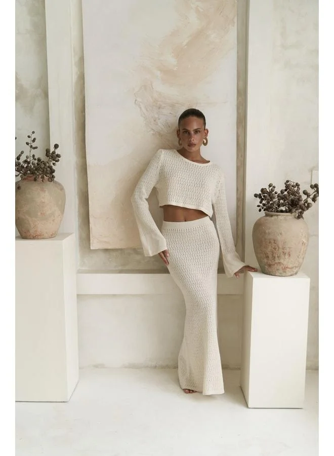 Bohemai  Wayhu Boat Neck Beige Knit Crop Skirt Set for Women | Best Price UAE