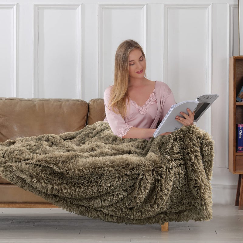 Tuddrom Decorative Extra Soft Faux Fur Blanket Queen Size 80"" x 90"" Solid Reversible Fuzzy Long Hair Shaggy Blanket Fluffy Cozy Plush Fleece Comfy Microfiber Fur Blanket for Couch Sofa Bed Brown - Image 4