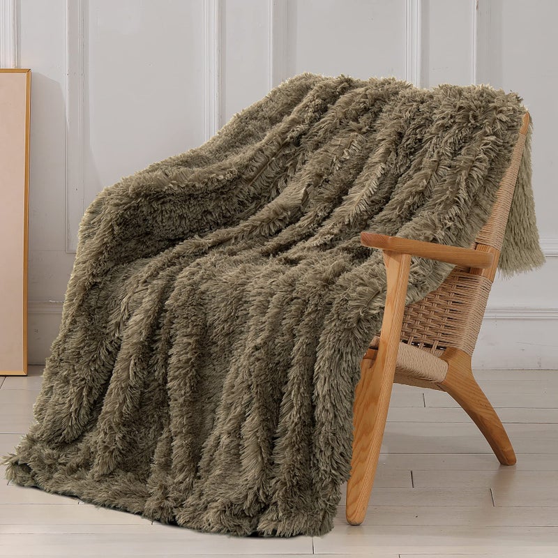 Tuddrom Decorative Extra Soft Faux Fur Blanket Queen Size 80"" x 90"" Solid Reversible Fuzzy Long Hair Shaggy Blanket Fluffy Cozy Plush Fleece Comfy Microfiber Fur Blanket for Couch Sofa Bed Brown - Image 1