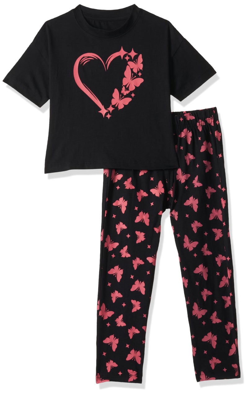T2F Girls Cotton Printed Oversized Fit Crop Top and Pant Pajama Set Black - Image 1