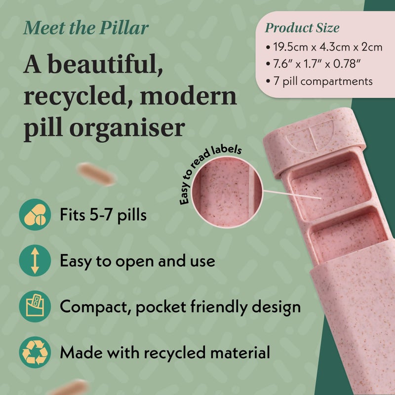 SEQUENCE Pillar - 7 Day Pill Box Organiser | BPA-Free Wheat Straw Pill Organiser | Beautiful Tablet Organiser for Travel and Home (Soft Pink) - Image 3