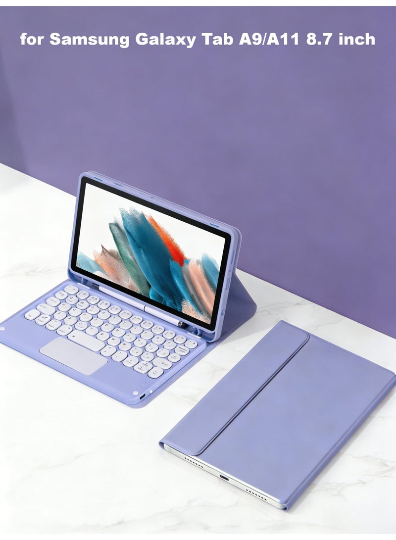 حافظة لوحة مفاتيح باللغتين العربية والإنجليزية لهاتف Samsung Galaxy Tab A9/A11 مقاس 8.7 بوصة – لوحة مفاتيح مغناطيسية قابلة للفصل مزودة بلوحة مفاتيح مستديرة تعمل بالبلوتوث مع لوحة تتبع متعددة اللمس وحامل أقلام مدمج وغطاء حماية رفيع وأنيق (لون أرجواني) - Image 1