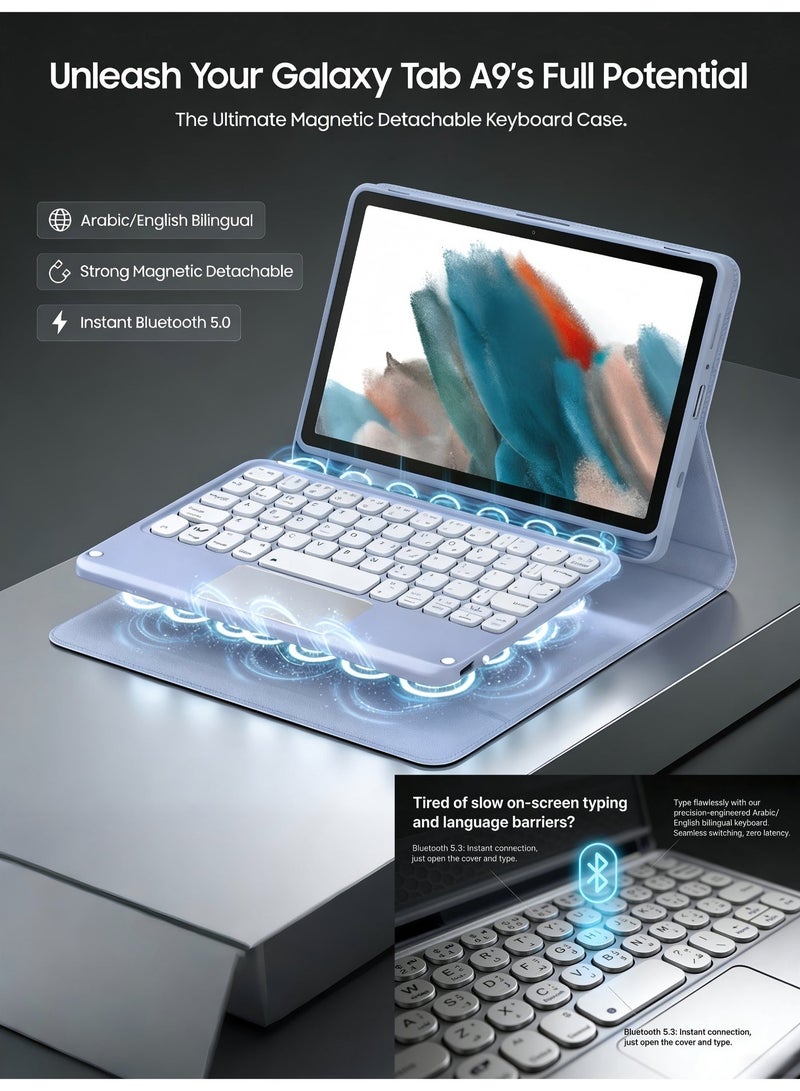 حافظة لوحة مفاتيح باللغتين العربية والإنجليزية لهاتف Samsung Galaxy Tab A9/A11 مقاس 8.7 بوصة – لوحة مفاتيح مغناطيسية قابلة للفصل مزودة بلوحة مفاتيح مستديرة تعمل بالبلوتوث مع لوحة تتبع متعددة اللمس وحامل أقلام مدمج وغطاء حماية رفيع وأنيق (لون أرجواني) - Image 4