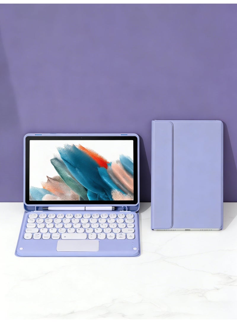 حافظة لوحة مفاتيح باللغتين العربية والإنجليزية لهاتف Samsung Galaxy Tab A9/A11 مقاس 8.7 بوصة – لوحة مفاتيح مغناطيسية قابلة للفصل مزودة بلوحة مفاتيح مستديرة تعمل بالبلوتوث مع لوحة تتبع متعددة اللمس وحامل أقلام مدمج وغطاء حماية رفيع وأنيق (لون أرجواني) - Image 2