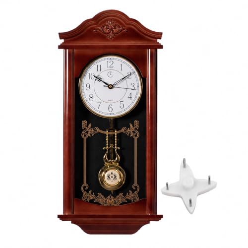 Clockswise ساعة حائط تقليدية ب pendulum 23.7 بوصة - خشب عتيق - مظهر بلاستيكي لزينة غرفة المعيشة، تعمل بالبطارية بصمت، بني، ساعات pendulum للمطبخ، المكتب، غرفة الطعام - Image 1