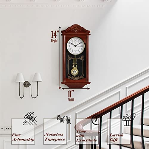 Clockswise ساعة حائط تقليدية ب pendulum 23.7 بوصة - خشب عتيق - مظهر بلاستيكي لزينة غرفة المعيشة، تعمل بالبطارية بصمت، بني، ساعات pendulum للمطبخ، المكتب، غرفة الطعام - Image 2