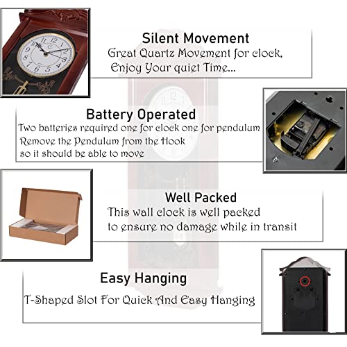 Clockswise ساعة حائط تقليدية ب pendulum 23.7 بوصة - خشب عتيق - مظهر بلاستيكي لزينة غرفة المعيشة، تعمل بالبطارية بصمت، بني، ساعات pendulum للمطبخ، المكتب، غرفة الطعام - Image 4