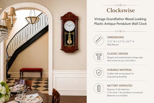 Clockswise ساعة حائط تقليدية ب pendulum 23.7 بوصة - خشب عتيق - مظهر بلاستيكي لزينة غرفة المعيشة، تعمل بالبطارية بصمت، بني، ساعات pendulum للمطبخ، المكتب، غرفة الطعام - Image 3
