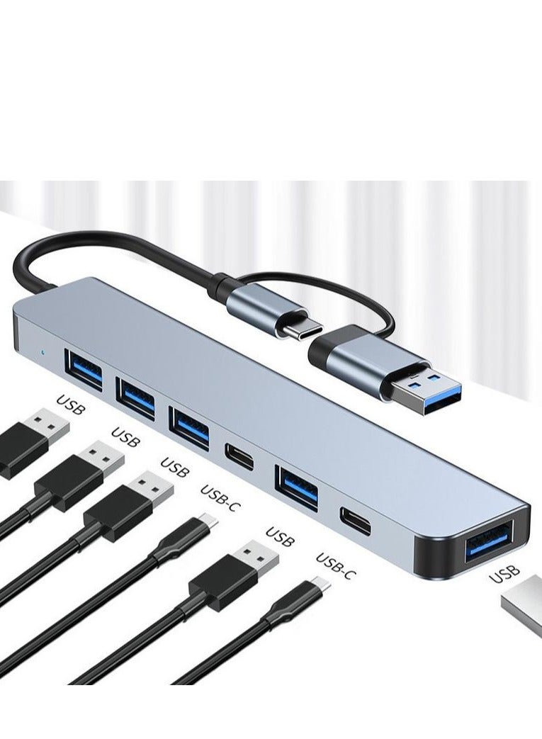 7-in-1 USB Hub Docking Station with Dual Input (USB-C & USB-A) – 5 USB 3.0 Ports + 2 Type-C Outputs – Multiport Adapter for Laptop, Phone, Tablet – OTG Compatible, Aluminum Shell, Plug & Play – Boxed - Image 1