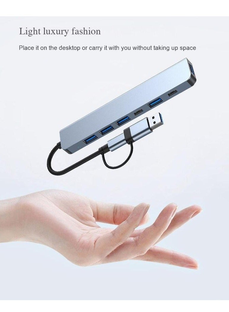 7-in-1 USB Hub Docking Station with Dual Input (USB-C & USB-A) – 5 USB 3.0 Ports + 2 Type-C Outputs – Multiport Adapter for Laptop, Phone, Tablet – OTG Compatible, Aluminum Shell, Plug & Play – Boxed - Image 5