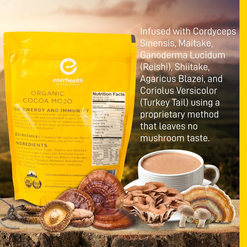 Enerhealth Botanicals Cocoa Mojo - Certified Organic Hot Chocolate Peruvian Cocoa Mix, Sweetened with Low Glycemic Coconut Palm Sugar and Infused with 6 Mushroom Extracts to Boost Immunity - 12 oz - Image 4