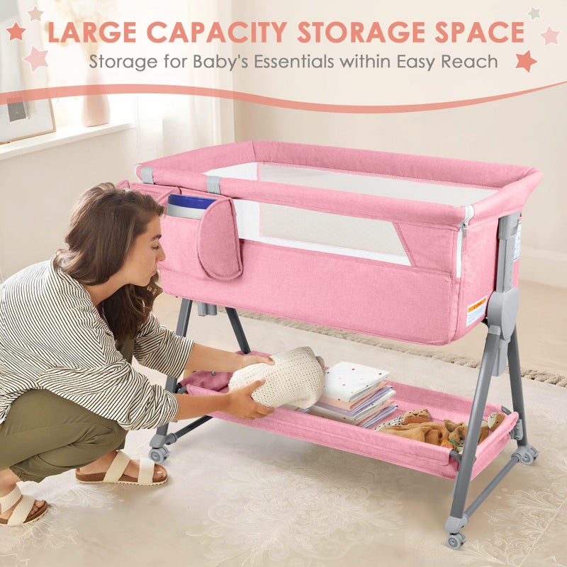 BIERUM Baby Bassinet for Baby - 7 Height Adjustable Bedside Bassinet with Lockable Wheels, Easy to Assemble Portable Bedside Crib with Large Storage Bag & Mattress for Newborn/Infant - Image 5