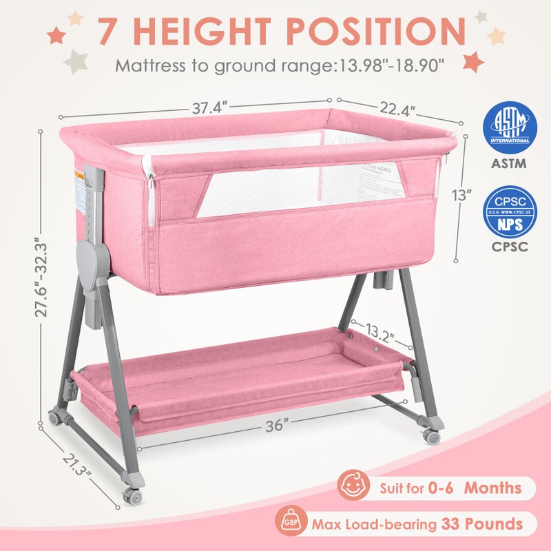 BIERUM Baby Bassinet for Baby - 7 Height Adjustable Bedside Bassinet with Lockable Wheels, Easy to Assemble Portable Bedside Crib with Large Storage Bag & Mattress for Newborn/Infant - Image 4