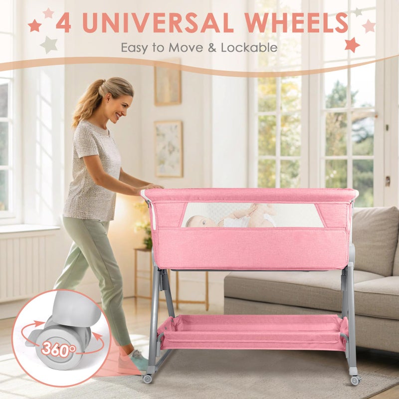 BIERUM Baby Bassinet for Baby - 7 Height Adjustable Bedside Bassinet with Lockable Wheels, Easy to Assemble Portable Bedside Crib with Large Storage Bag & Mattress for Newborn/Infant - Image 2