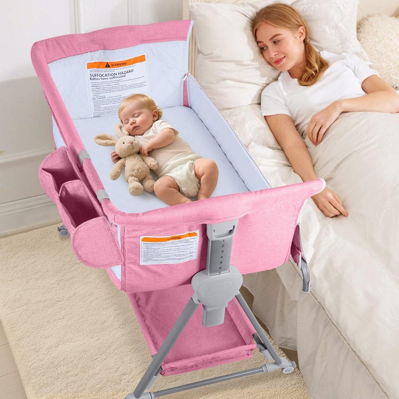 BIERUM Baby Bassinet for Baby - 7 Height Adjustable Bedside Bassinet with Lockable Wheels, Easy to Assemble Portable Bedside Crib with Large Storage Bag & Mattress for Newborn/Infant - Image 1