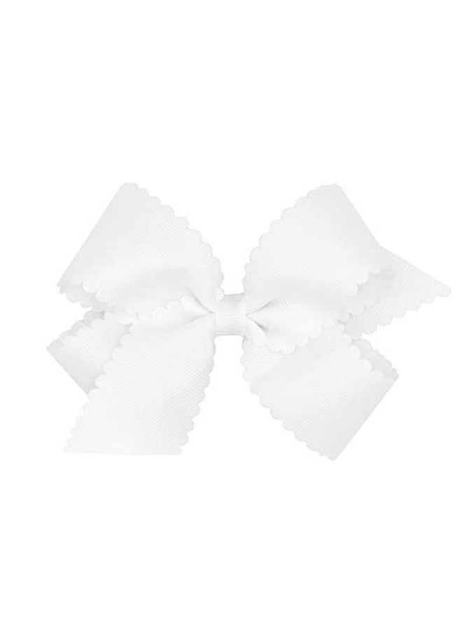 Wee Ones Girls' Classic Grosgrain Hair Bow With Scalloped Edges And Plain Wrap Center On A Weestay Hair Clip Medium White  - Image 1