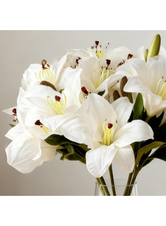 روك بو 5 قطع من زهور الزنبق الصناعية مع 3 براعم، أزهار كاملة التفتح، لمسة واقعية من اللاتكس، اللون الأبيض - Image 1