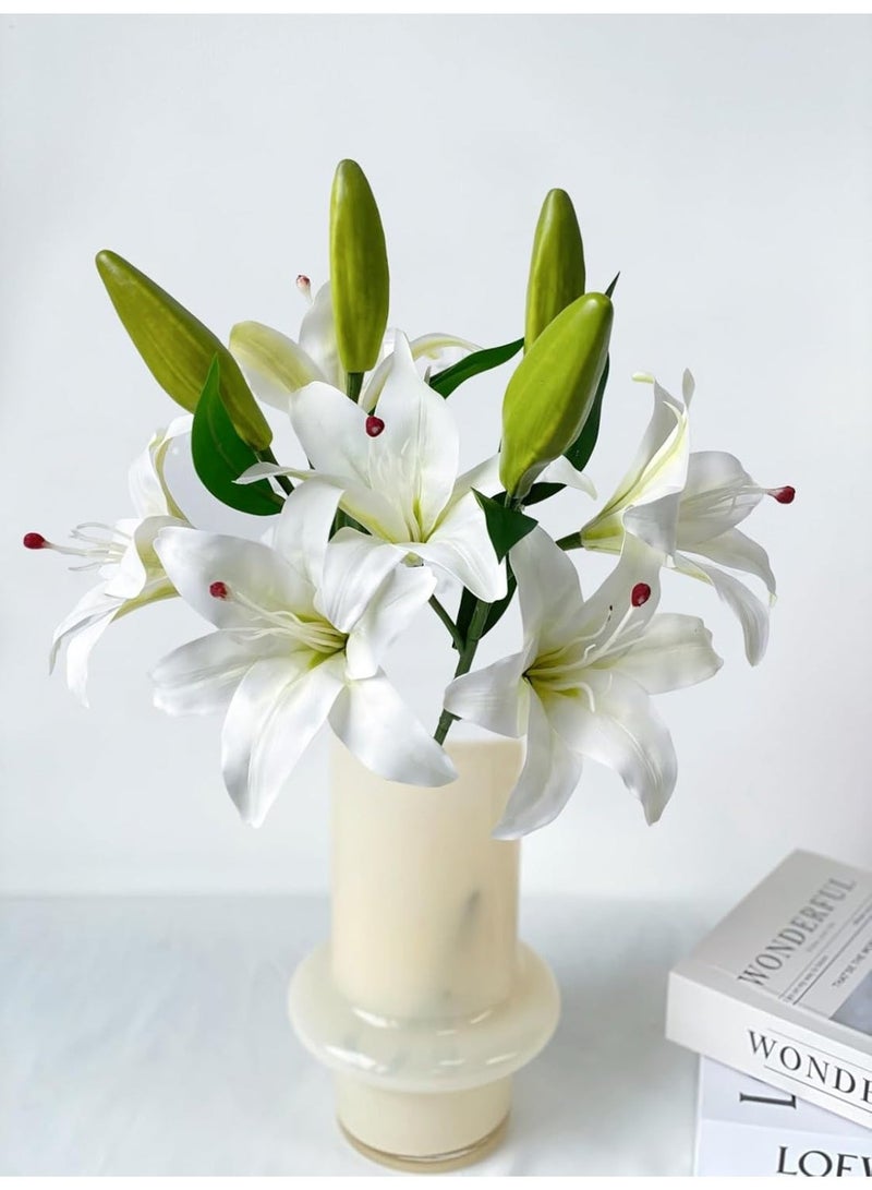 روك بو 5 قطع من زهور الزنبق الصناعية مع 3 براعم، أزهار كاملة التفتح، لمسة واقعية من اللاتكس، اللون الأبيض - Image 2