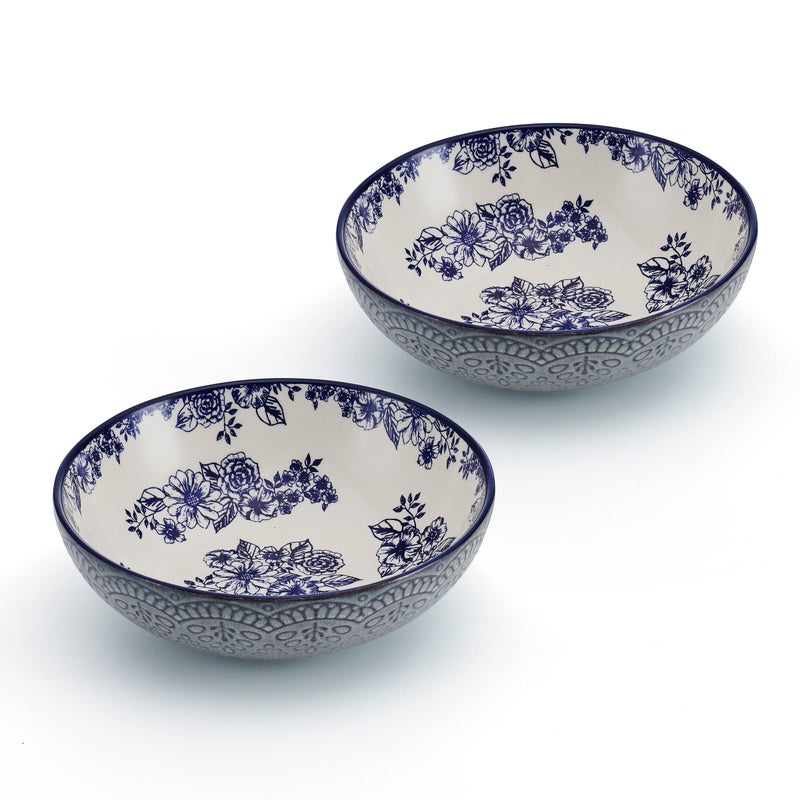 Pfaltzgraff Gabriela Blue Floral Set of 2 Pasta Bowls 8 Inch Blue and White