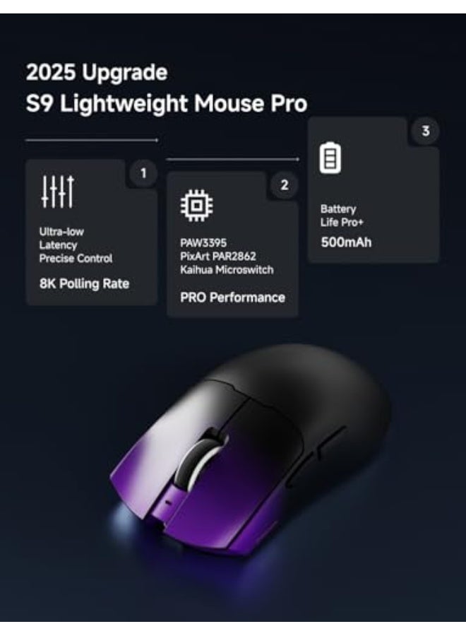 Eweadn S9 Pro Wireless Gaming Mouse, 59G Ergonomic Computer Mouse, Triple Modes, 8K Polling, 26K DPI, PAW3395 Optical Sensor, Kailh Switch, 250h Battery Life, Programmable for PC/Win/Mac(Purple) - Image 2